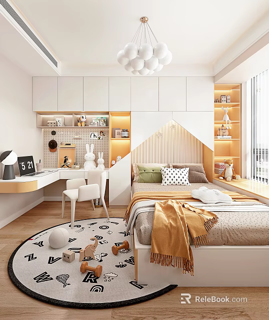 Tatami Bedroom Interior Design With White Cabinets Desk Chair Bookshelf And Chandelier Rug 3d model 