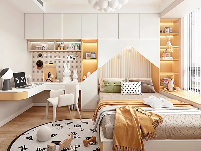 Tatami Bedroom Interior Design With White Cabinets Desk Chair Bookshelf And Chandelier Rug 3d model
