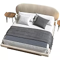 Modern Double Bed With Curved Beige Headboard White Gray Bedding And Side Wooden Nightstand