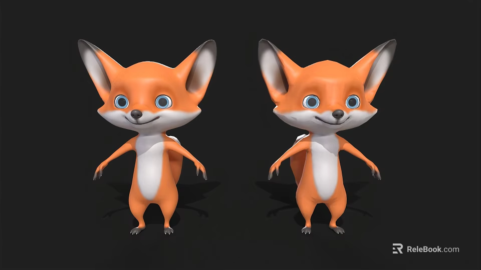 Cartoon Fox 3D Model With Orange White Fur And Blue Eyes Standing On Black Background 3d model 