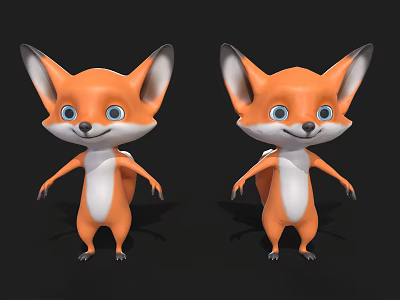 Cartoon Fox 3D Model With Orange White Fur And Blue Eyes Standing On Black Background 3d model