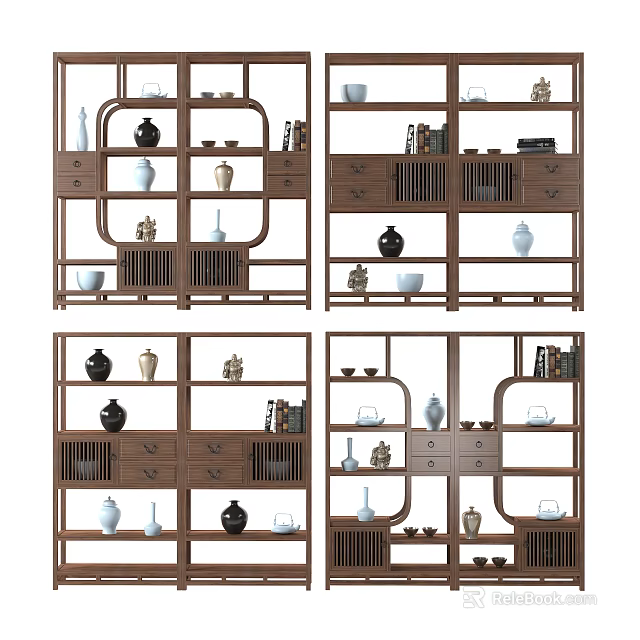 Traditional Chinese Wooden Display Cabinet With Ceramic Vases Tea Sets And Decorative Books 3d model 