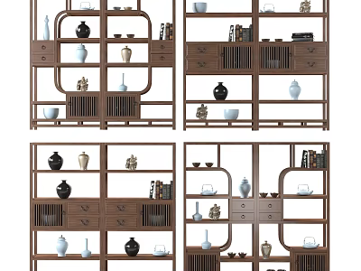 Traditional Chinese Wooden Display Cabinet With Ceramic Vases Tea Sets And Decorative Books 3d model