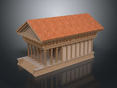 Ancient Classical Temple Model With Red Tile Roof Stone Columns And Steps 3d model