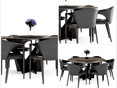 Modern Round Wooden Dining Table Set with Gray Upholstered Chairs and Purple Flower Centerpiece 3d model