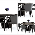 Modern Round Wooden Dining Table Set with Gray Upholstered Chairs and Purple Flower Centerpiece