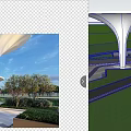 Waterfront Landscape Featuring White Umbrella Like Structures People Pink Flowering Trees Benches And Geometric Paving