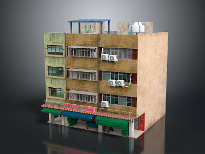 Multi Story Residential Building With Shop Front Green Awning And Air Conditioners 3d model