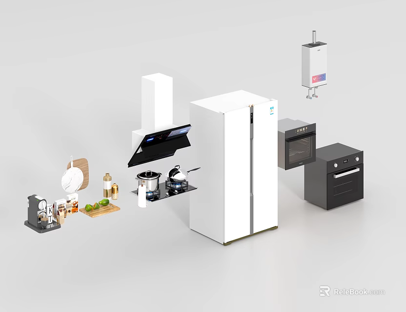 Modern Dining Table With Kitchen Appliances Pots Plates And Food Items 3d model