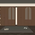 Elegant Wooden Wardrobe Interior With Arched Doors Drawers And Side Shelves