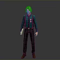 Stylish Man With Blonde Hair Wearing Green Shirt Suspenders And Dark Pants Holding White Paper