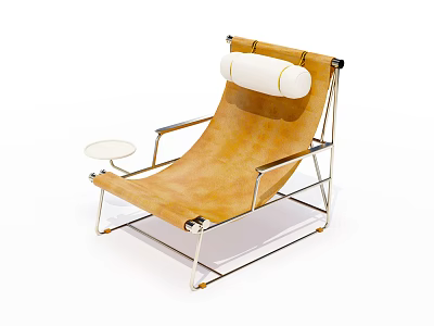 Modern Yellow Leather Lounge Chair with Metal Frame Small Round Side Table and White Cushion 3d model
