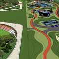 Park Landscape Design With Winding Paths Lush Green Lawns And Sports Courts