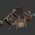 Vintage Wooden Farm Tool Components With Wheels Clay Pots And Metal Parts