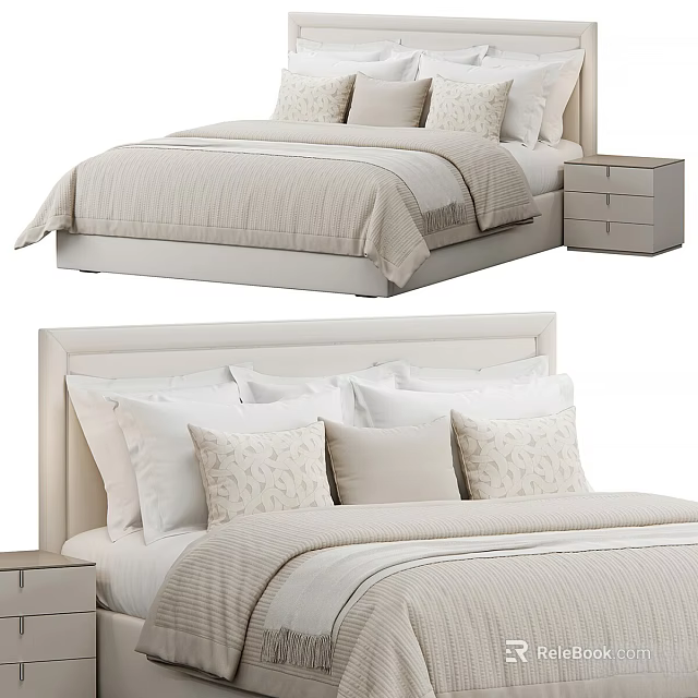 Modern Double Bed With Upholstered Headboard Light Beige Bedding And Nightstand 3d model 