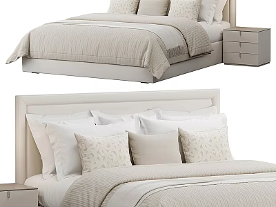 Modern Double Bed With Upholstered Headboard Light Beige Bedding And Nightstand 3d model