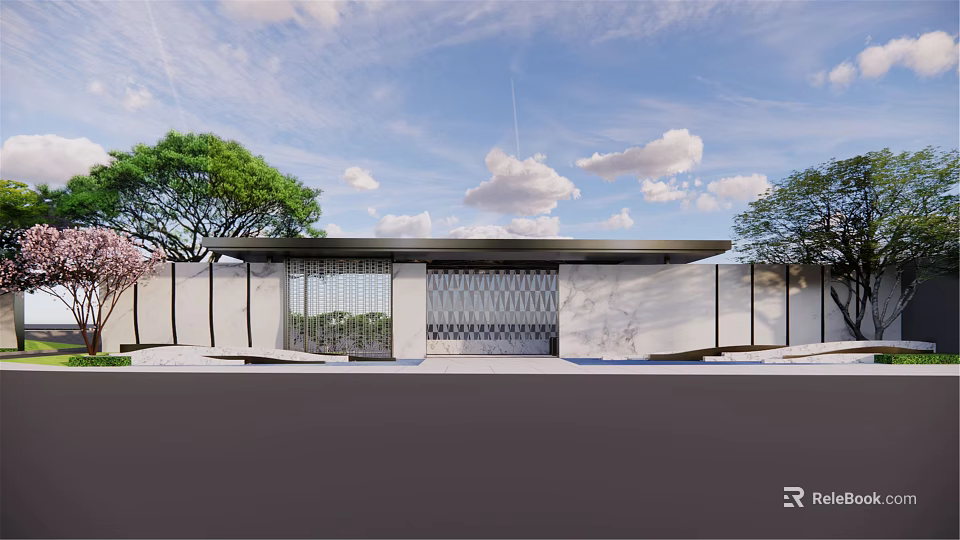 Modern Entrance Gate Design With Glass Panels Marble Walls Green Trees And Cloudy Sky 3d model 