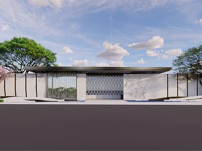 Modern Entrance Gate Design With Glass Panels Marble Walls Green Trees And Cloudy Sky 3d model
