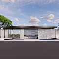 Modern Entrance Gate Design With Glass Panels Marble Walls Green Trees And Cloudy Sky