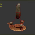 Abstract Sculpture With Vertical Blue Spotted Structure Orange Base Curved Supports Red Tray And Spheres