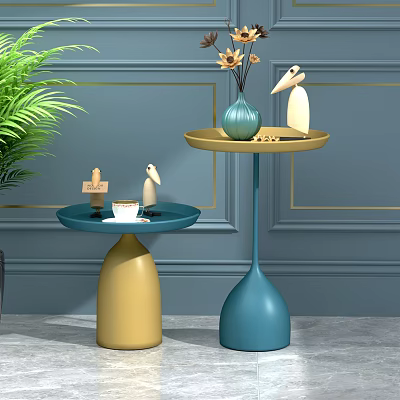 Modern Yellow And Blue Two Tiered Side Tables With Vase Bird Decor In Living Room 3d model