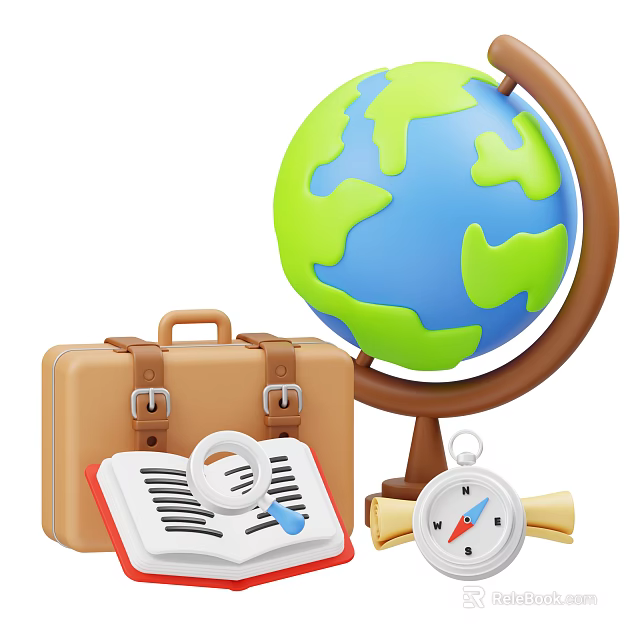 Travel Themed Notebook With Magnifying Glass Brown Suitcase Globe Compass And Scroll 3d model 