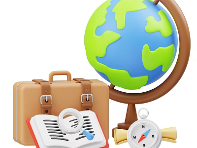 Travel Themed Notebook With Magnifying Glass Brown Suitcase Globe Compass And Scroll 3d model