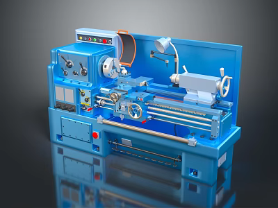 Blue Industrial Lathe Machine With Control Panel And Metal Components 3d model
