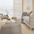 Modern Living Room Interior With Beige Sofa Round Ottoman Wooden Shelf And Potted Plants
