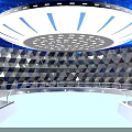 Futuristic Modern Hall Interior With Circular Ceiling Blue Lighting And Geometric Diamond Walls