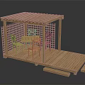 Wooden Outdoor Pergola With Lattice Sides Table Chairs And Wooden Platform