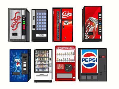 Commercial Beverage Vending Machines with Coke Pepsi Soda Brands and Diverse Colorful Designs 3d model