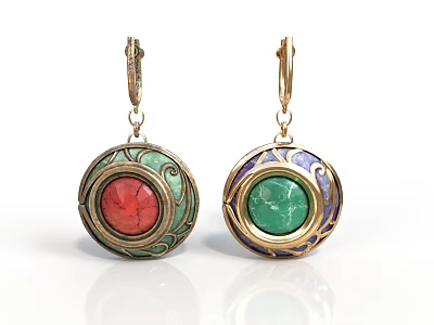 Elegant Gold Hook Earrings Featuring Colorful Decorations Red Green Gemstone Pendants 3d model