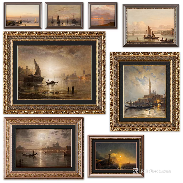 Oil Paintings Collection Featuring Venetian Night Scenes Golden Frames And Sailing Boats 3d model 