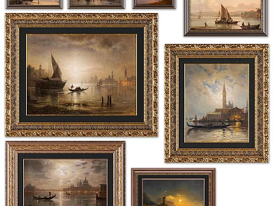 Oil Paintings Collection Featuring Venetian Night Scenes Golden Frames And Sailing Boats 3d model