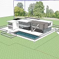 Modern Detached Villa With Glass Facade Balconies Swimming Pool And Lush Green Plants