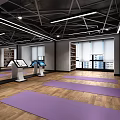 Modern Gym Interior Featuring Fitness Equipment Red Exercise Balls And Yellow Floor Lines Design