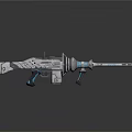 Futuristic Mechanical Weapon with Long Barrel and Circular Components Silver Blue Accents and Complex Structure