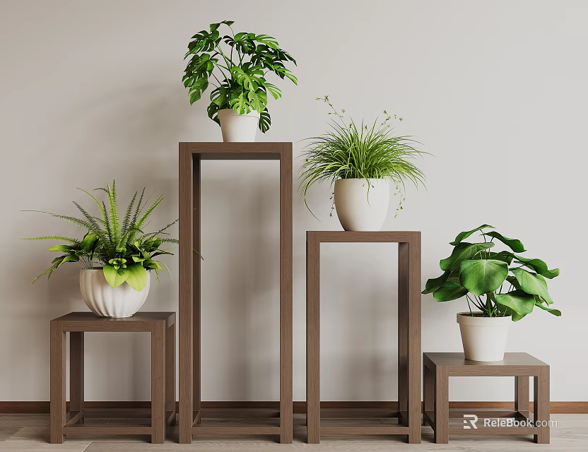 Wooden Plant Stands Interior Decor With Potted Green Plants And Different Heights 3d model 