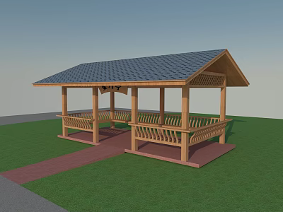 Wooden Pavilion Style Bus Station With Roof And Green Lawn Pathway 3d model