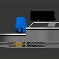 White Curved Desk With Three Monitor Screens Black And Blue Chair And Yellow File Cabinet