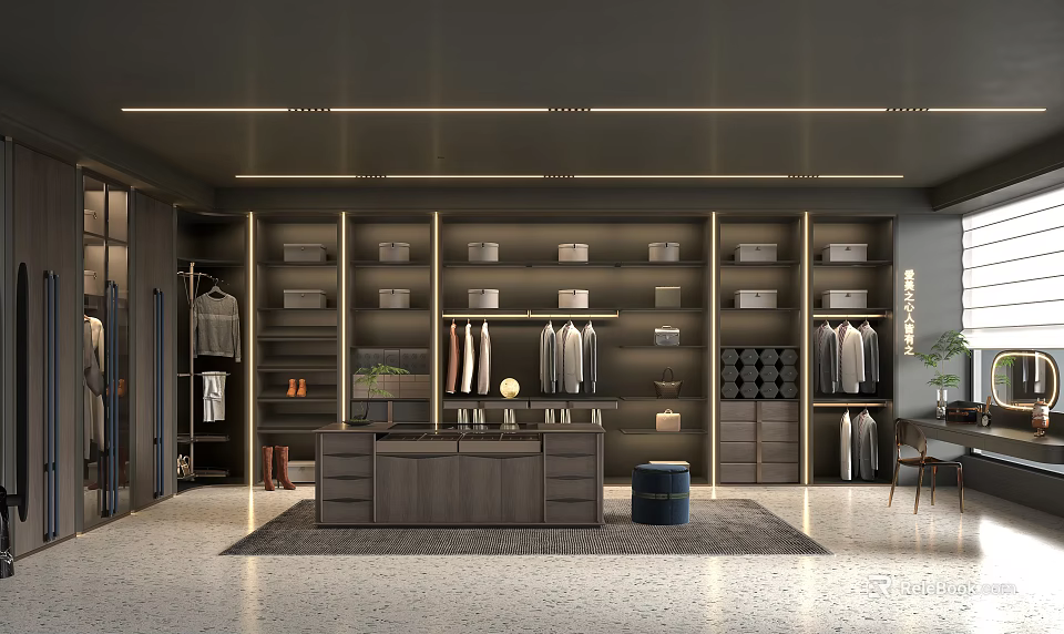Modern Walk in Closet Interior Design With Hanging Rods Shelves And Storage Cabinets 3d model 