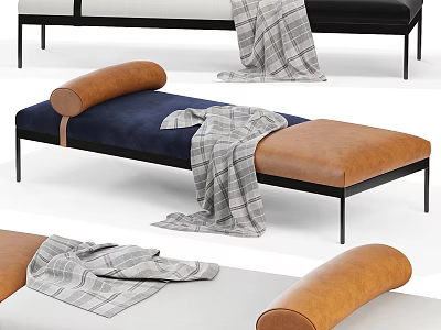 Sofa Bench With Navy Blue Seat Brown Leather Bolster Plaid Blanket And Black Metal Legs 3d model