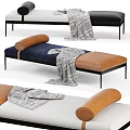 Sofa Bench With Navy Blue Seat Brown Leather Bolster Plaid Blanket And Black Metal Legs