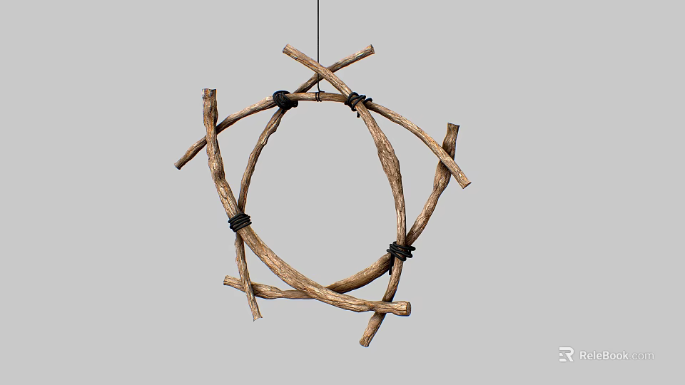 Natural Wooden Branches Circular Hanging Decorative Piece With Black Ropes 3d model 