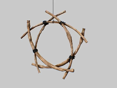 Natural Wooden Branches Circular Hanging Decorative Piece With Black Ropes 3d model