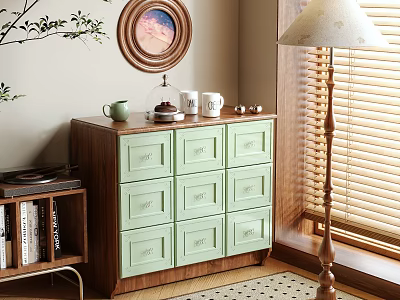Storage Cabinet With Light Green Drawers In Room Corner With Window Blinds And Green Plant 3d model