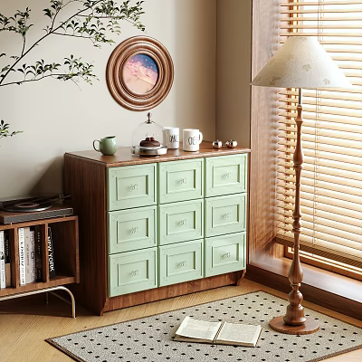 Storage Cabinet With Light Green Drawers In Room Corner With Window Blinds And Green Plant 3d model