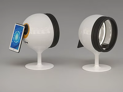 White Spherical Devices With Black Ring And Phone Holder Stand Base 3d model