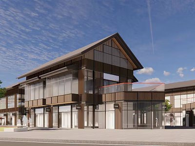 Modern Commercial Street With Glass Curtain Walls Storefronts And Unique Roof Design 3d model
